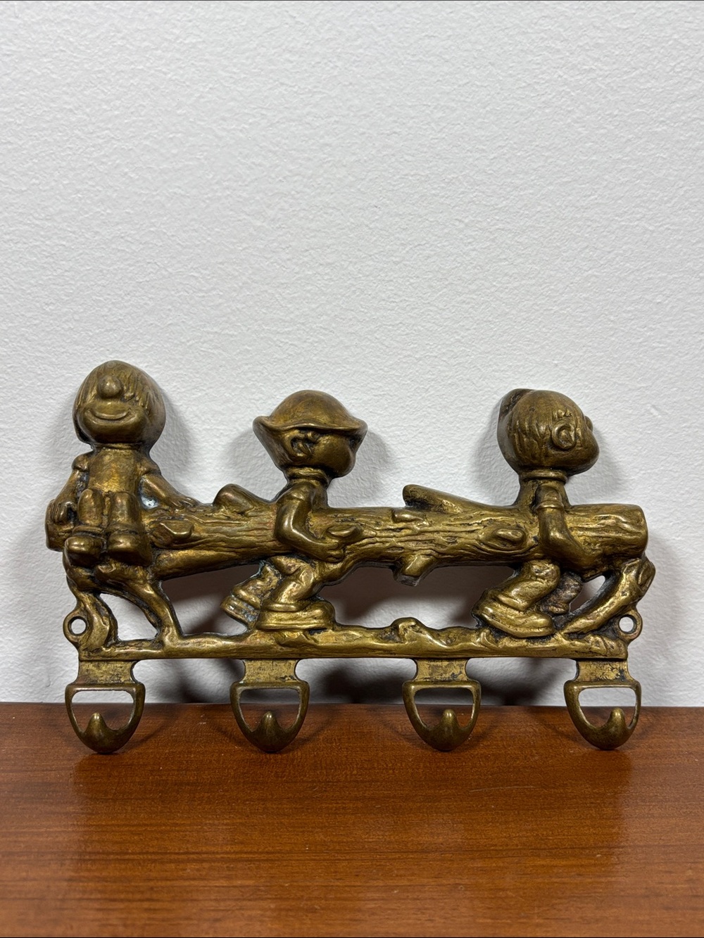 VTG Italy Brass Kids on Log Wall Four Hook Rack - Decorative Home Wall Decor